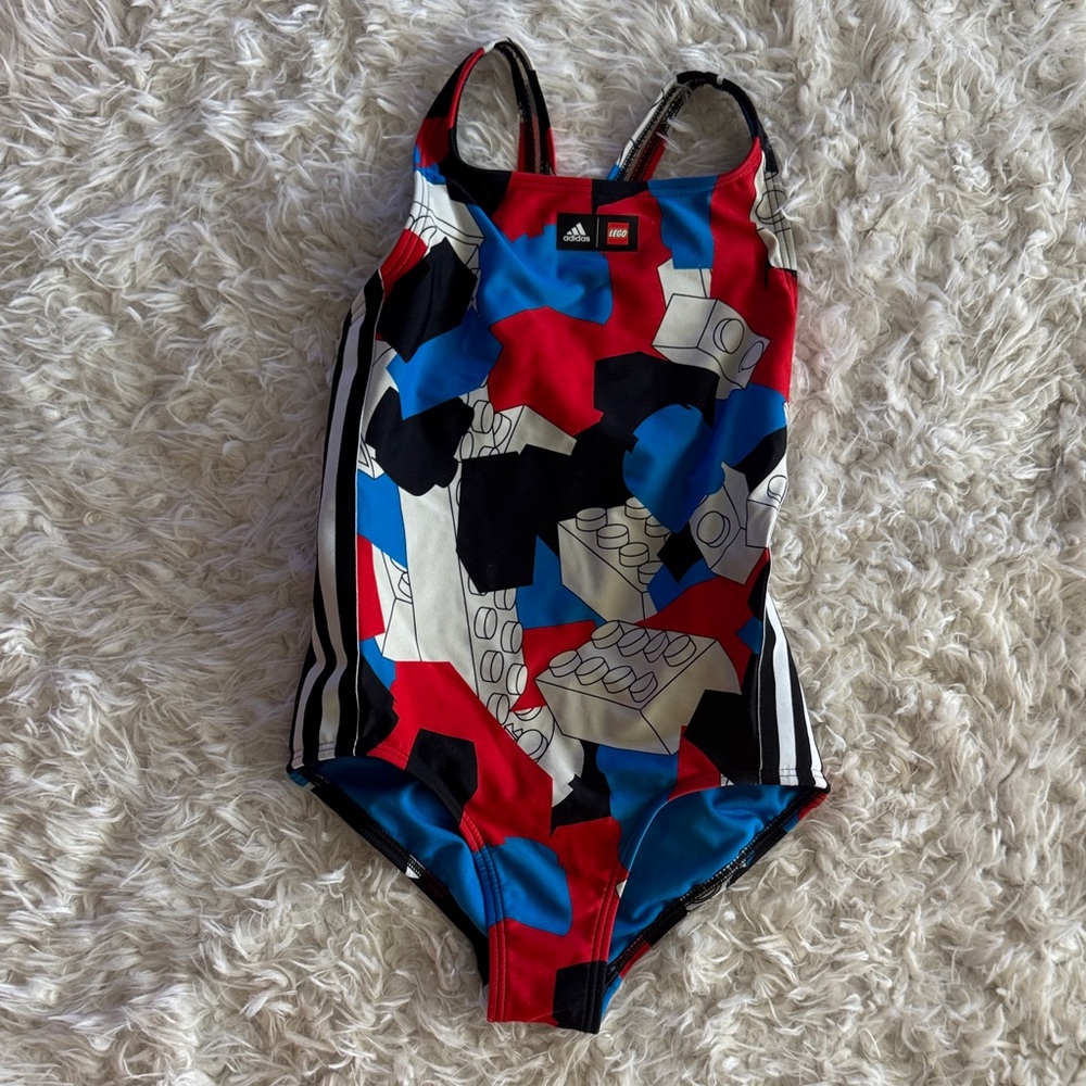 adidas Kids Red Blue Black LEGO Block Print One-Piece Swimsuit